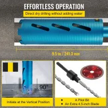 VEVOR Dry Core Drill Bit,  88.9 mm Diameter 11 Threaded, 241.3mm Depth Diamond Coring Bore Tool with a Pilot Bit &  Blade, Masonry Hole Saw Bits for Hard Concrete Brick