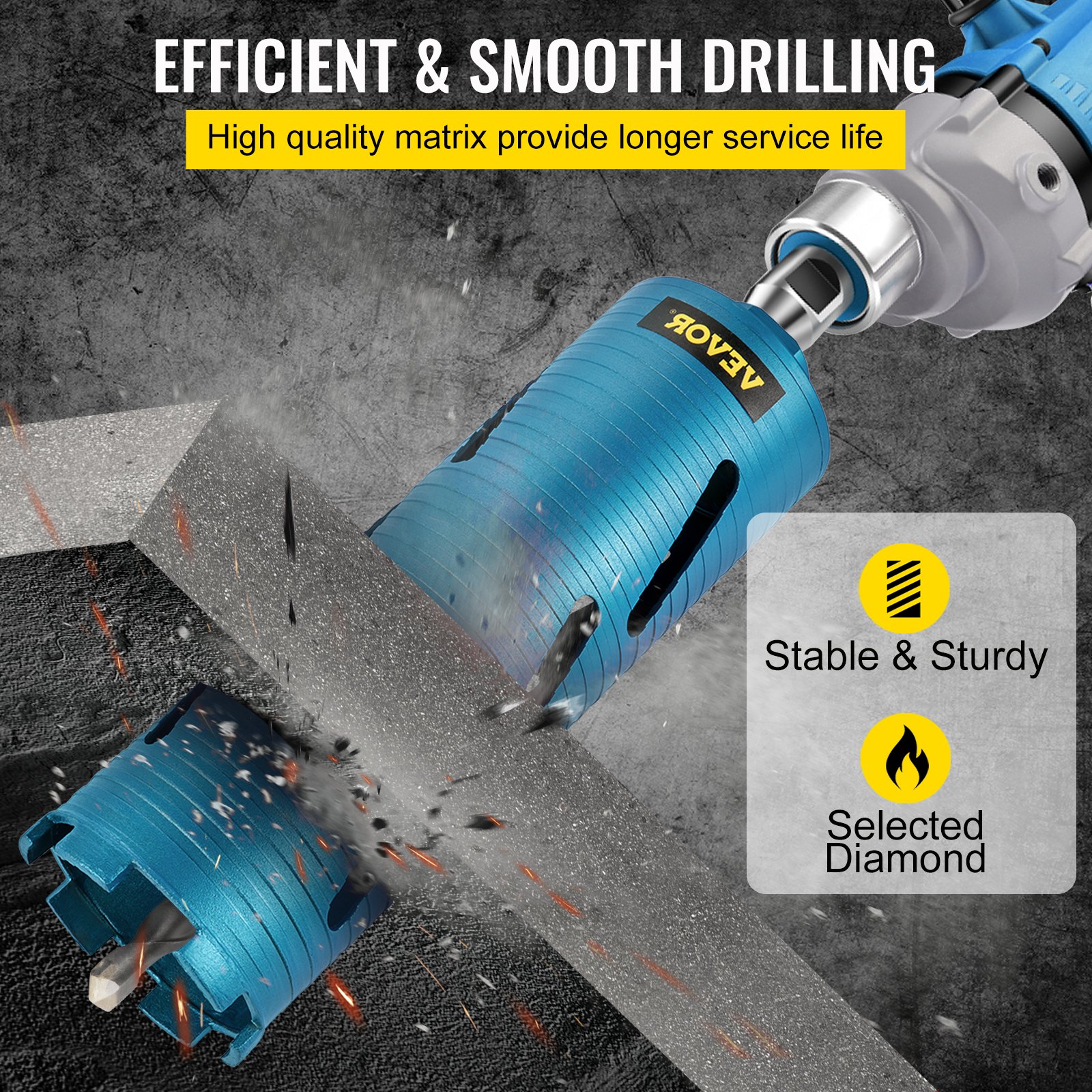 VEVOR dry core drill bit slicing through material; efficient, smooth, and durable.