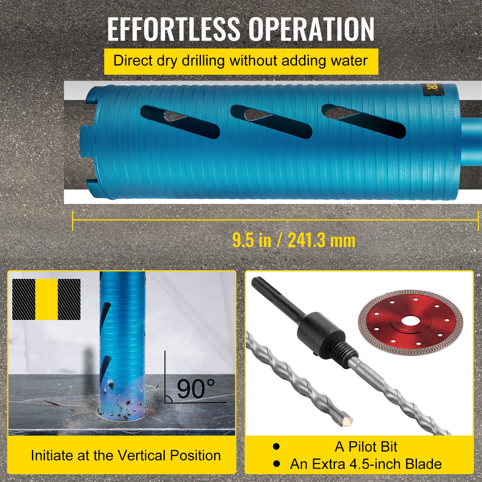 VEVOR dry core drill bit, 9.5-inch length, with pilot bit and extra 4.5-inch blade.