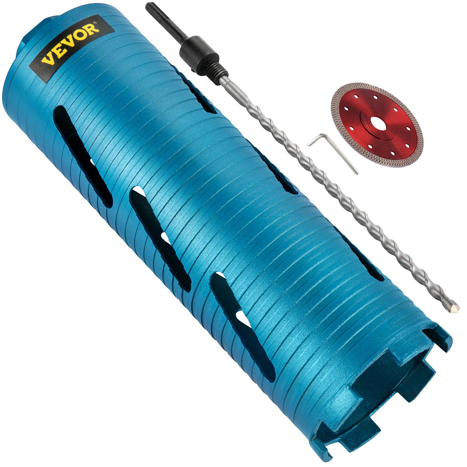blue VEVOR dry core drill bit with accessories, including bits and a circular blade.