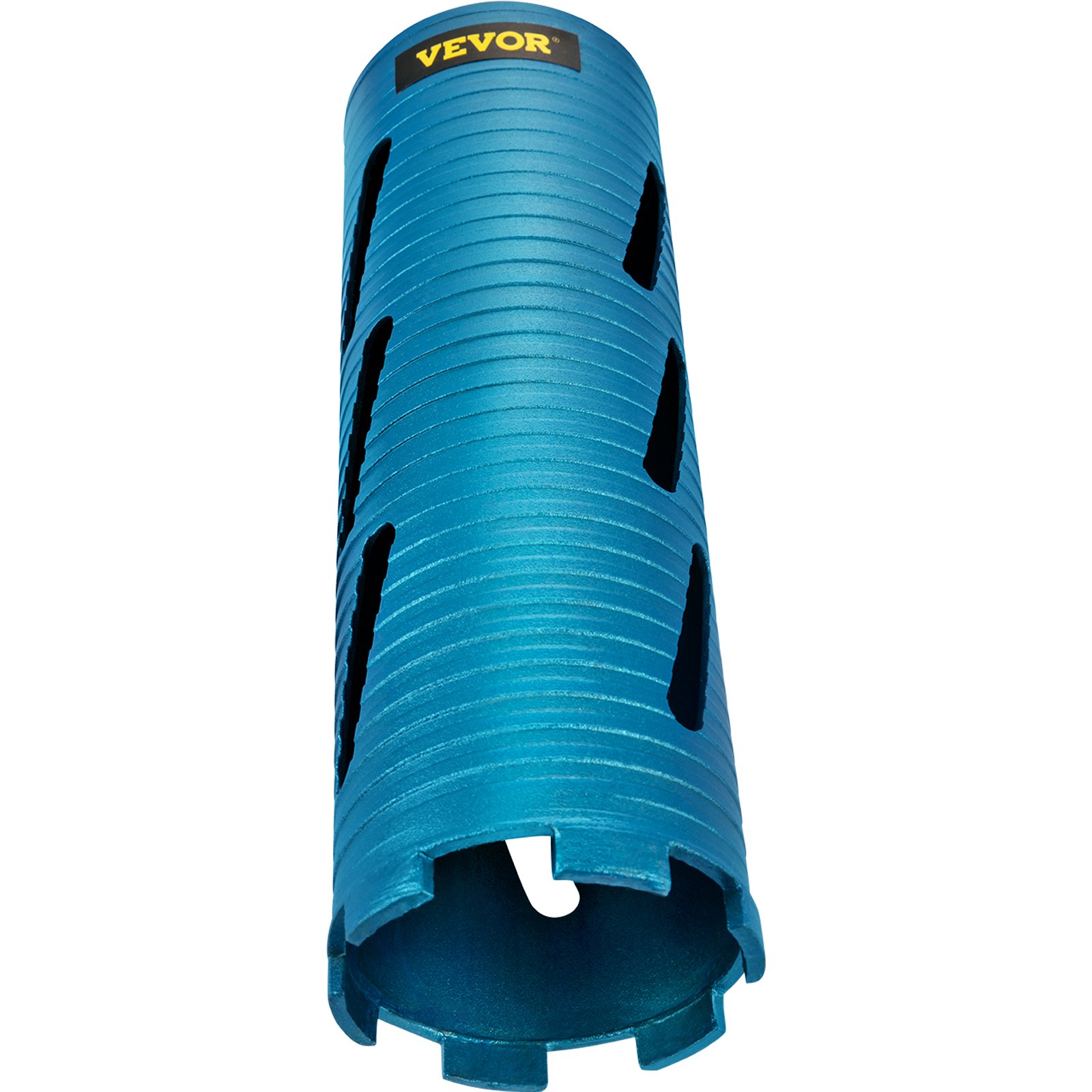 blue VEVOR dry core drill bit with side openings and ridged texture.