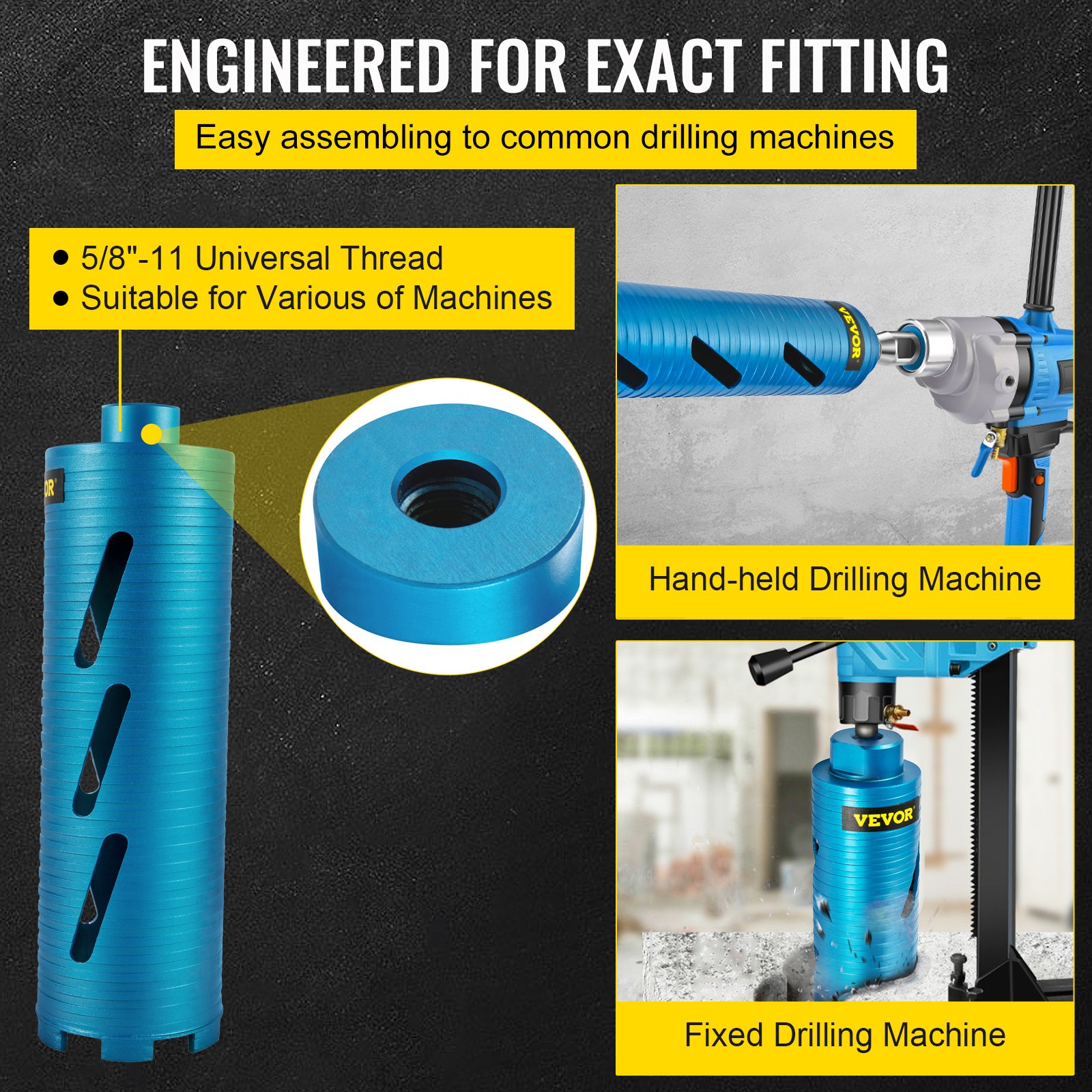 VEVOR Dry Core Drill Bit, 3.5" / 88.9 mm Diameter 5/8"-11 Threaded, 9.5" / 241.3mm Depth Diamond Coring Bore Tool with a Pilot Bit & 4.5" Blade, Masonry Hole Saw Bits for Hard Concrete Brick and Block