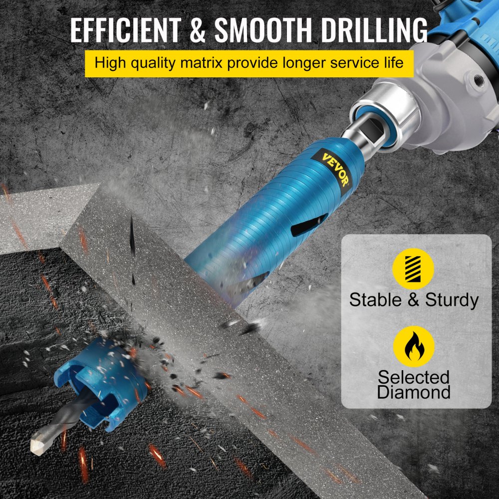 VEVOR Core Drill Bit, 2\" / 50.8 mm Diameter 5/8\"-11 Threaded, 9.5\" / 241.3mm Depth Diamond Dry Coring Bore Tool with a Pilot Bit & 4.5\" Blade, Masonry Hole Saw Bits for Hard Concrete Brick and Blo