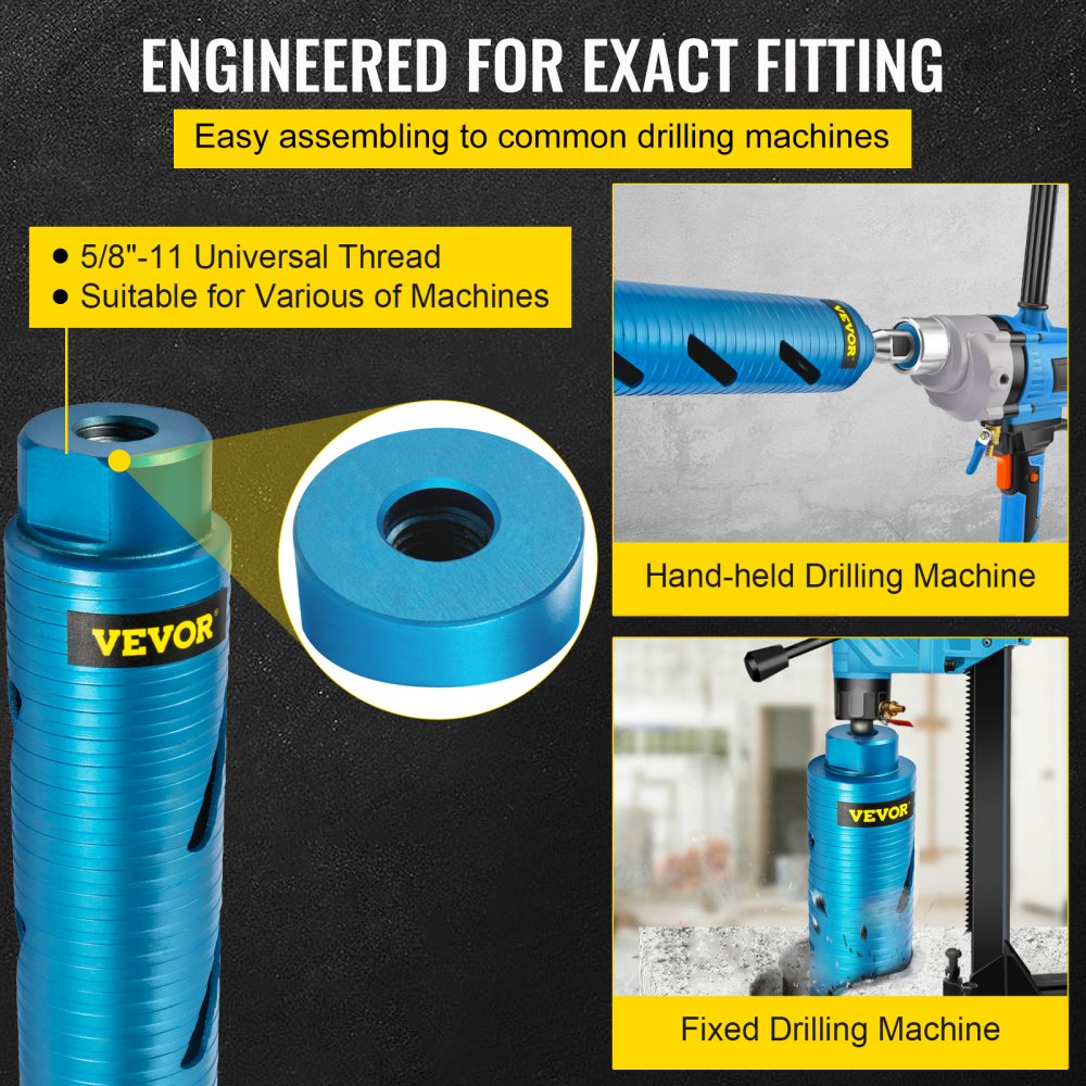 VEVOR Core Drill Bit, 2\" / 50.8 mm Diameter 5/8\"-11 Threaded, 9.5\" / 241.3mm Depth Diamond Dry Coring Bore Tool with a Pilot Bit & 4.5\" Blade, Masonry Hole Saw Bits for Hard Concrete Brick and Blo