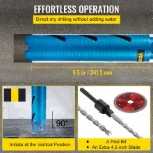 VEVOR Core Drill Bit, 2" / 50.8 mm Diameter 5/8"-11 Threaded, 9.5" / 241.3mm Depth Diamond Dry Coring Bore Tool with a Pilot Bit & 4.5" Blade, Masonry Hole Saw Bits for Hard Concrete Brick and Block