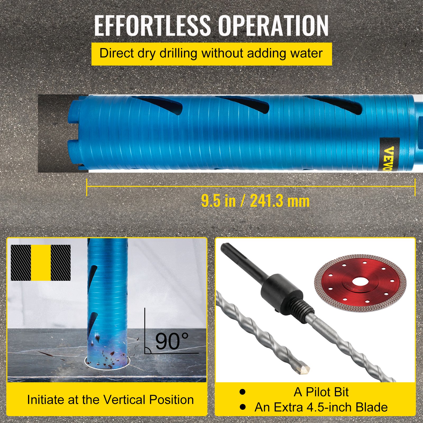 VEVOR Core Drill Bit, 2\" / 50.8 mm Diameter 5/8\"-11 Threaded, 9.5\" / 241.3mm Depth Diamond Dry Coring Bore Tool with a Pilot Bit & 4.5\" Blade, Masonry Hole Saw Bits for Hard Concrete Brick and Blo