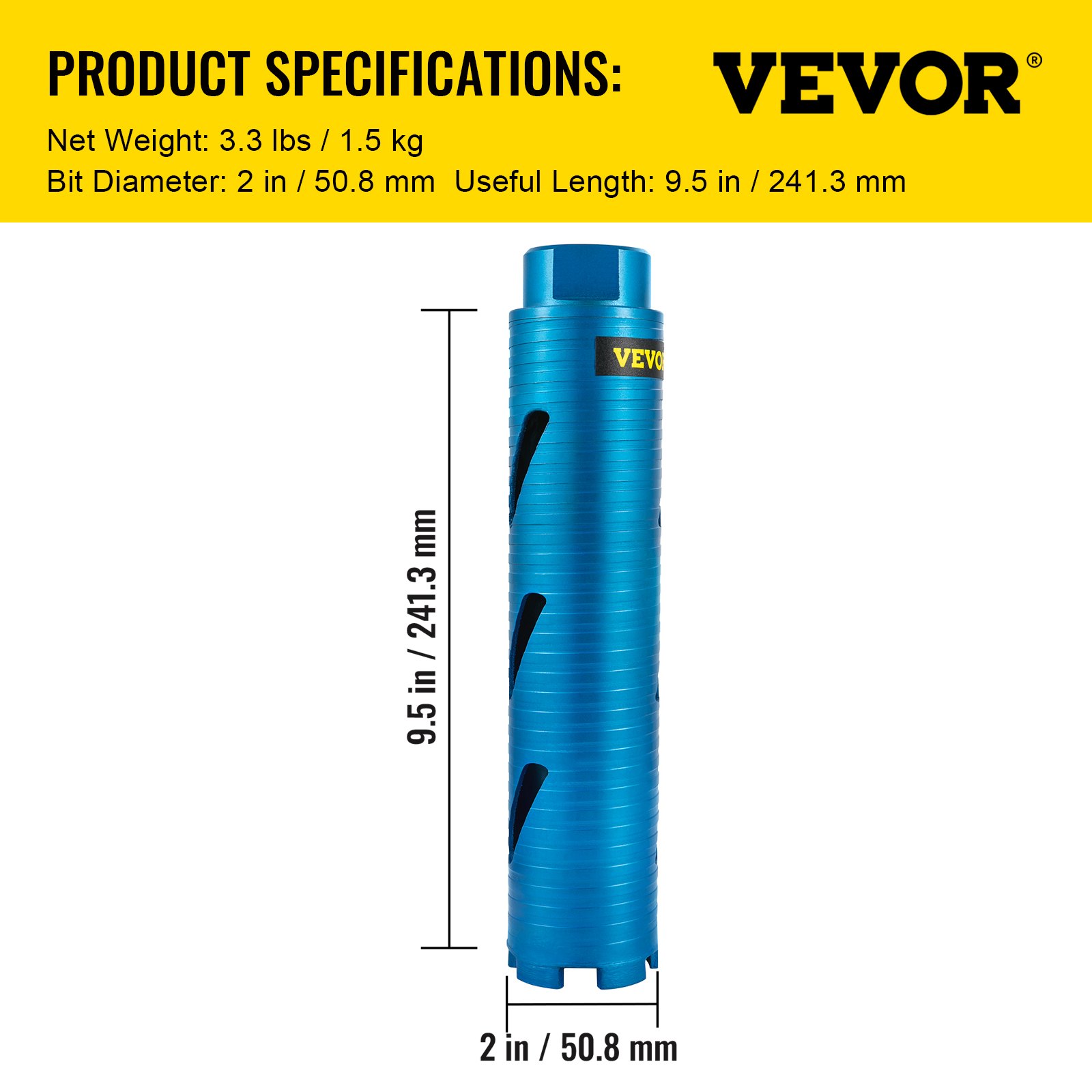 VEVOR Core Drill Bit, 2\" / 50.8 mm Diameter 5/8\"-11 Threaded, 9.5\" / 241.3mm Depth Diamond Dry Coring Bore Tool with a Pilot Bit & 4.5\" Blade, Masonry Hole Saw Bits for Hard Concrete Brick and Blo
