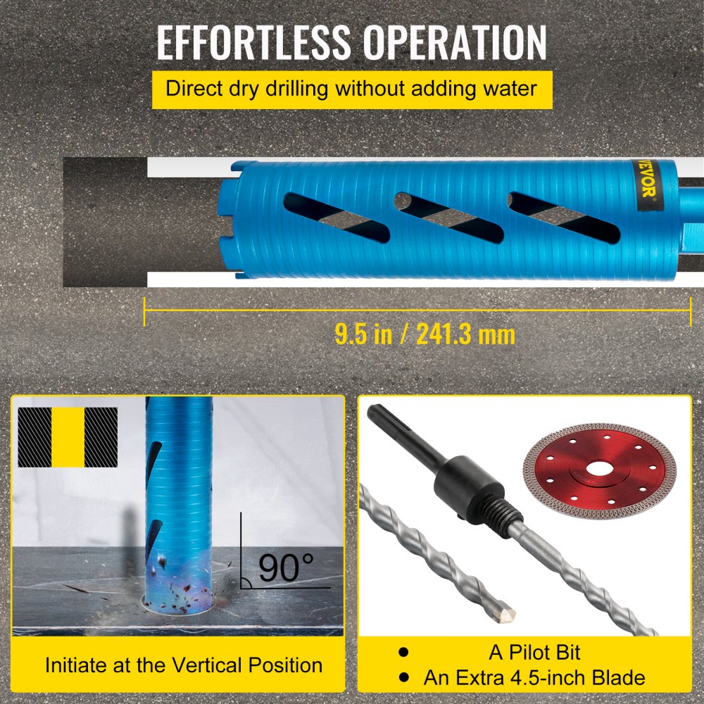 VEVOR Dry Core Drill Bit, 3" / 76.2mm Diameter 5/8"-11 Shank Arbor with a Pilot Bit & 4.5" Blade, 9.5" / 241.3mm Depth Diamond Coring Bore Tool, Masonry Hole Saw Bits for Hard Concrete Brick and Block