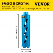 VEVOR Dry Core Drill Bit, 3" / 76.2mm Diameter 5/8"-11 Shank Arbor with a Pilot Bit & 4.5" Blade, 9.5" / 241.3mm Depth Diamond Coring Bore Tool, Masonry Hole Saw Bits for Hard Concrete Brick and Block