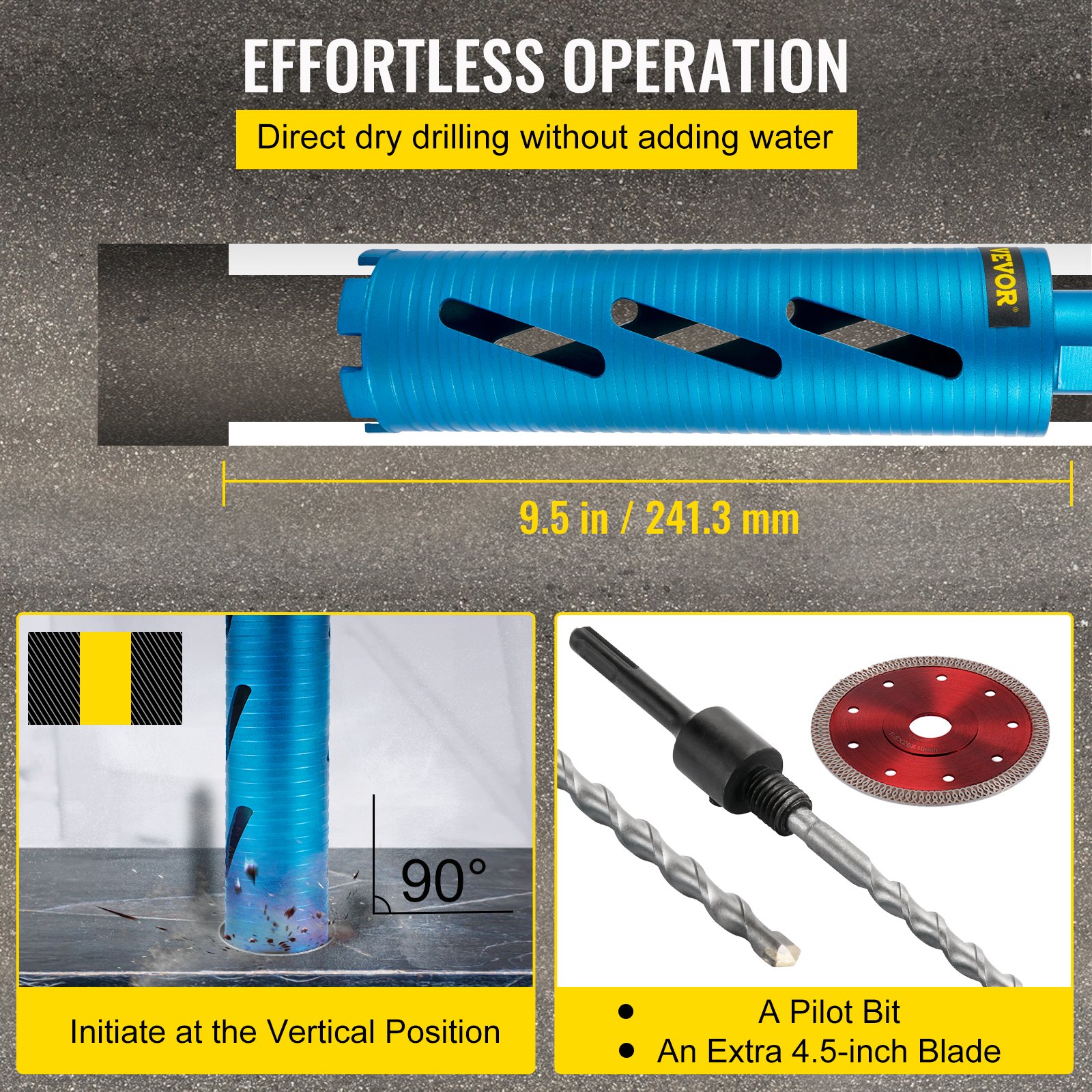 VEVOR Dry Core Drill Bit, 3" / 76.2mm Diameter 5/8"-11 Shank Arbor with a Pilot Bit & 4.5" Blade, 9.5" / 241.3mm Depth Diamond Coring Bore Tool, Masonry Hole Saw Bits for Hard Concrete Brick and Block