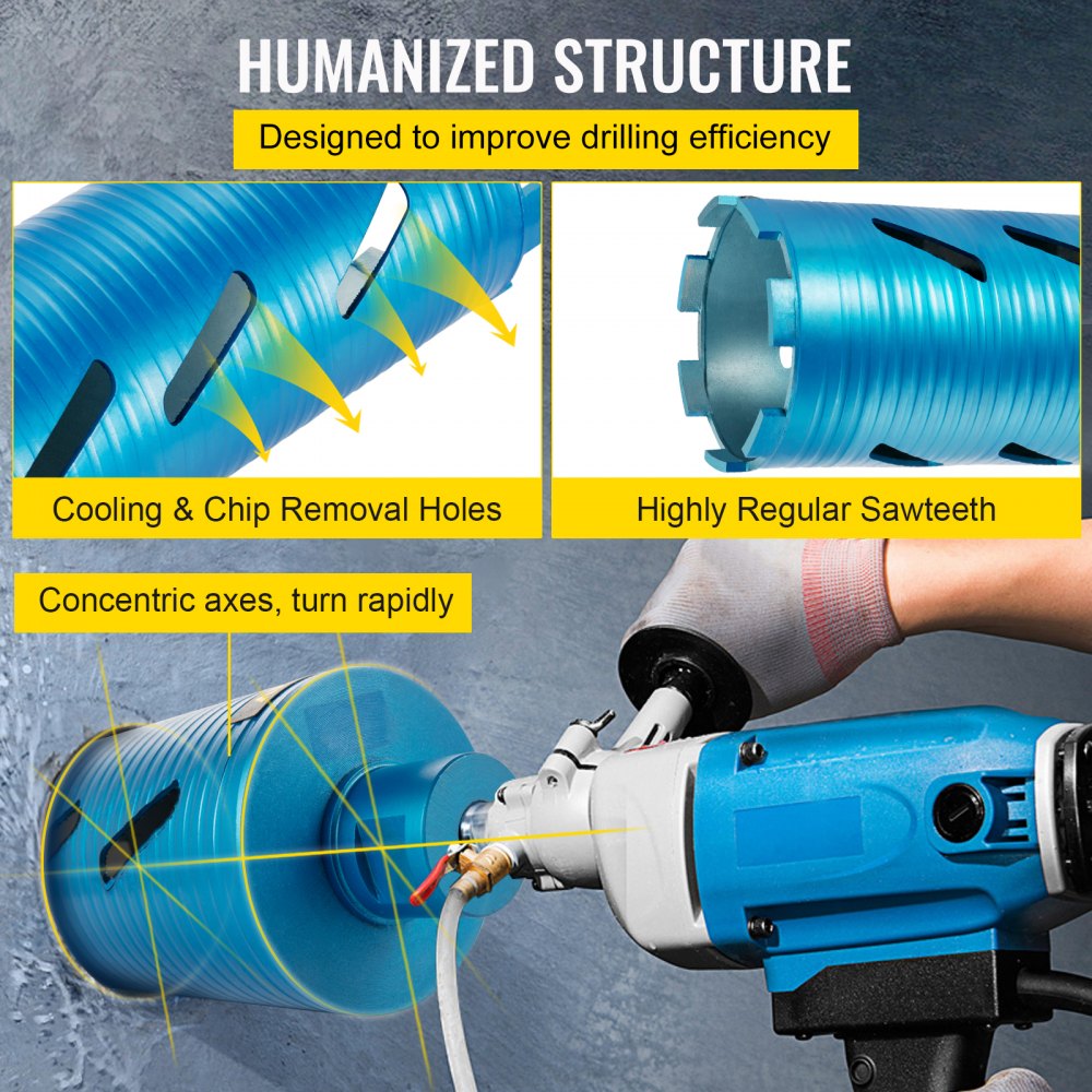 VEVOR Diamond Core Drill, 4\"/101mm Diameter Core Drill Bit, 9.5\"/241mm Concrete Core Drill Bit, 5/8\"-11 Thread Core Bit, Dry/Wet Drill Core Bits with a Blade, Diamond Wet Coring Bit For Concrete Br
