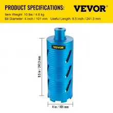 VEVOR Diamond Core Drill, 4\"/101mm Diameter Core Drill Bit, 9.5\"/241mm Concrete Core Drill Bit, 5/8\"-11 Thread Core Bit, Dry/Wet Drill Core Bits with a Blade, Diamond Wet Coring Bit For Concrete Br