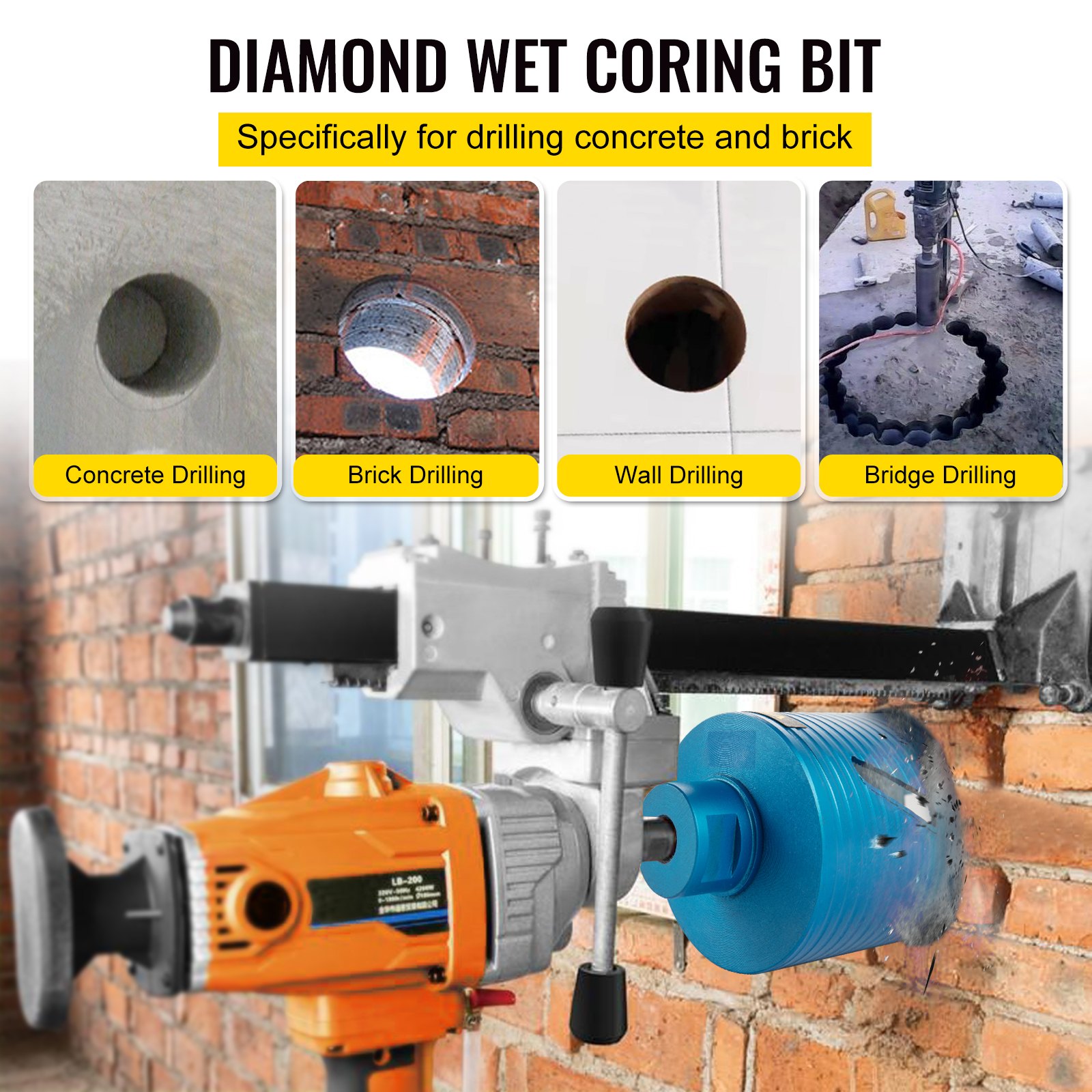 VEVOR diamond core drill bit drilling brick wall, showing concrete, brick, wall, bridge drilling.