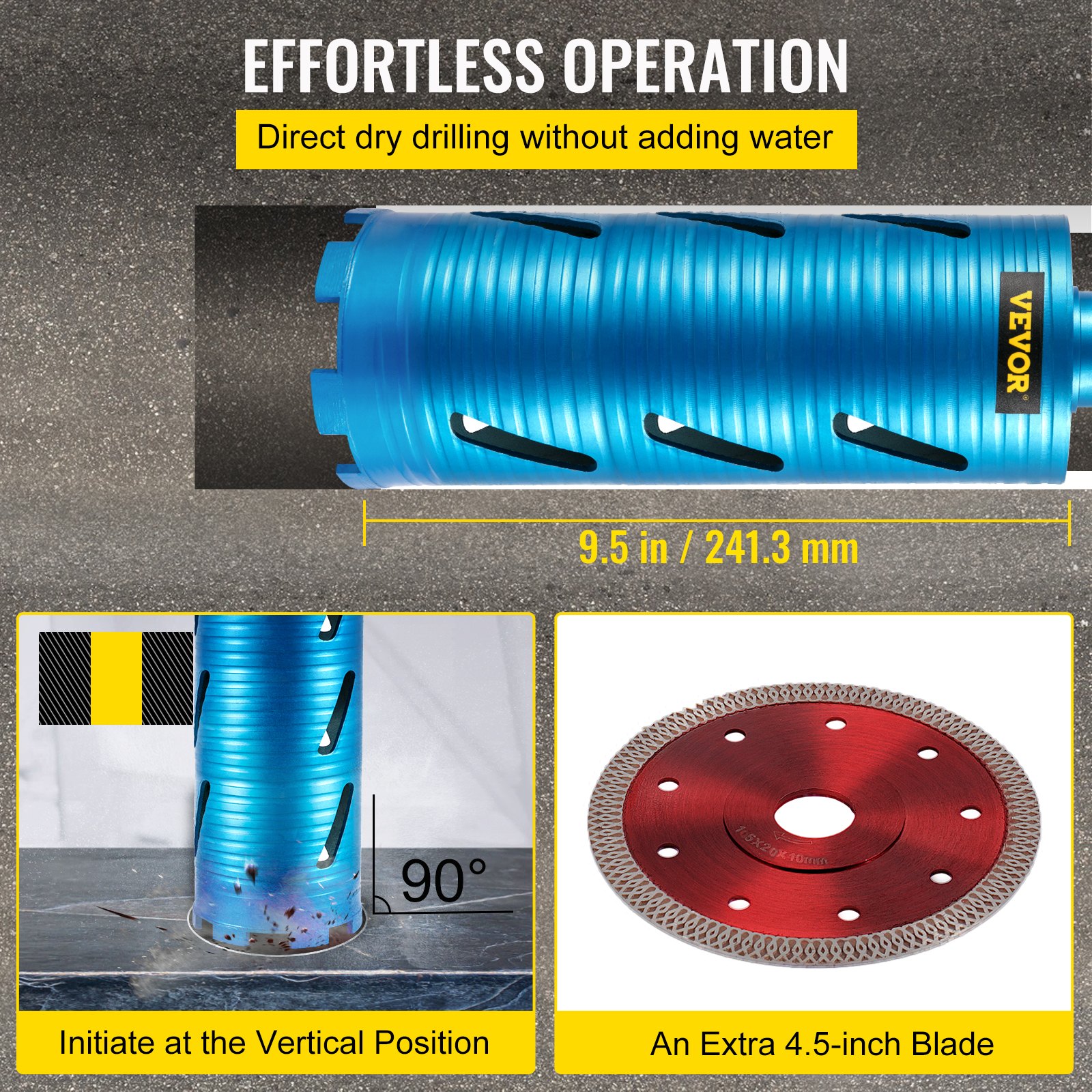 VEVOR diamond core drill bit with 4.5-inch blade and dry drilling operation.