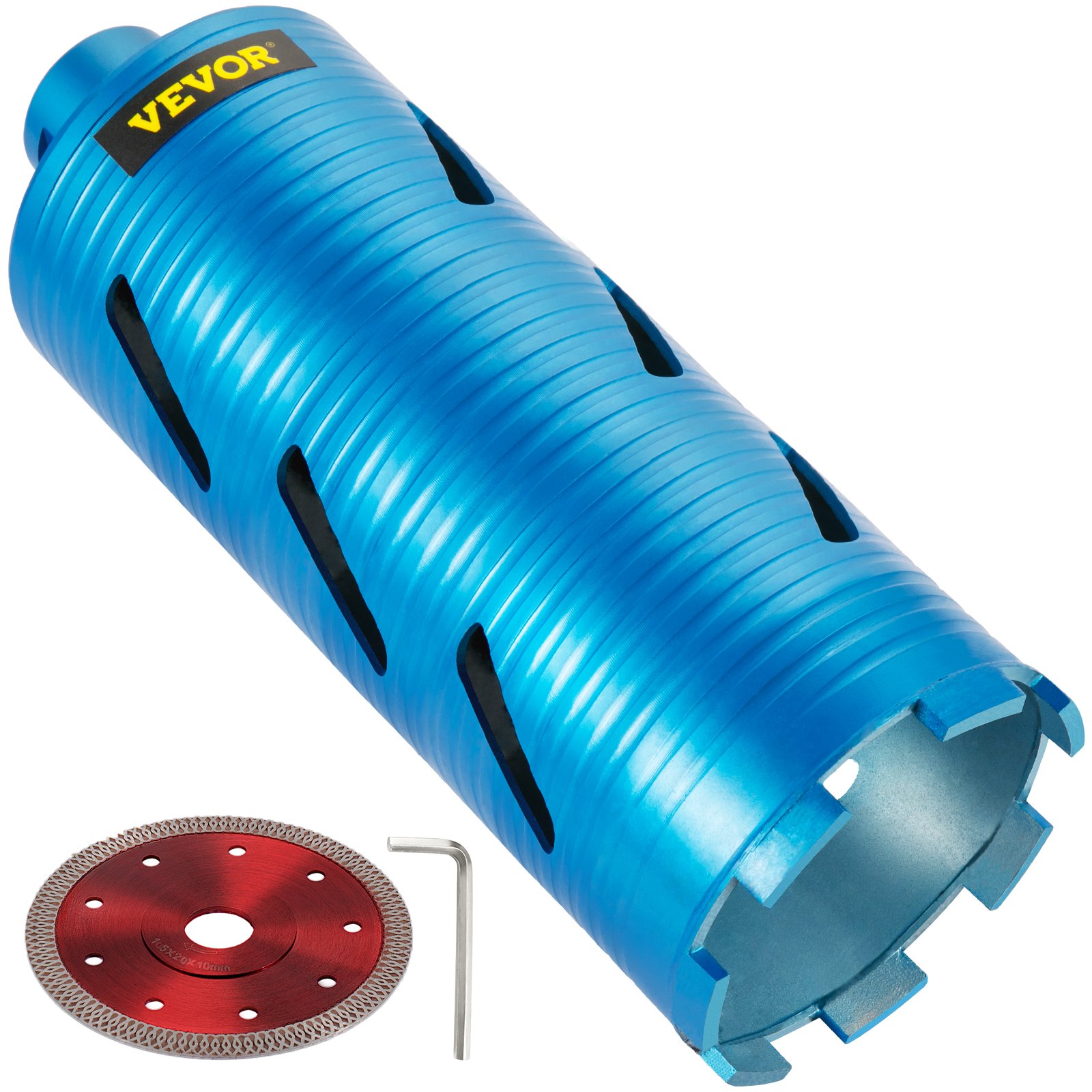 VEVOR diamond core drill bit with blue cylindrical design and red cutting disc.