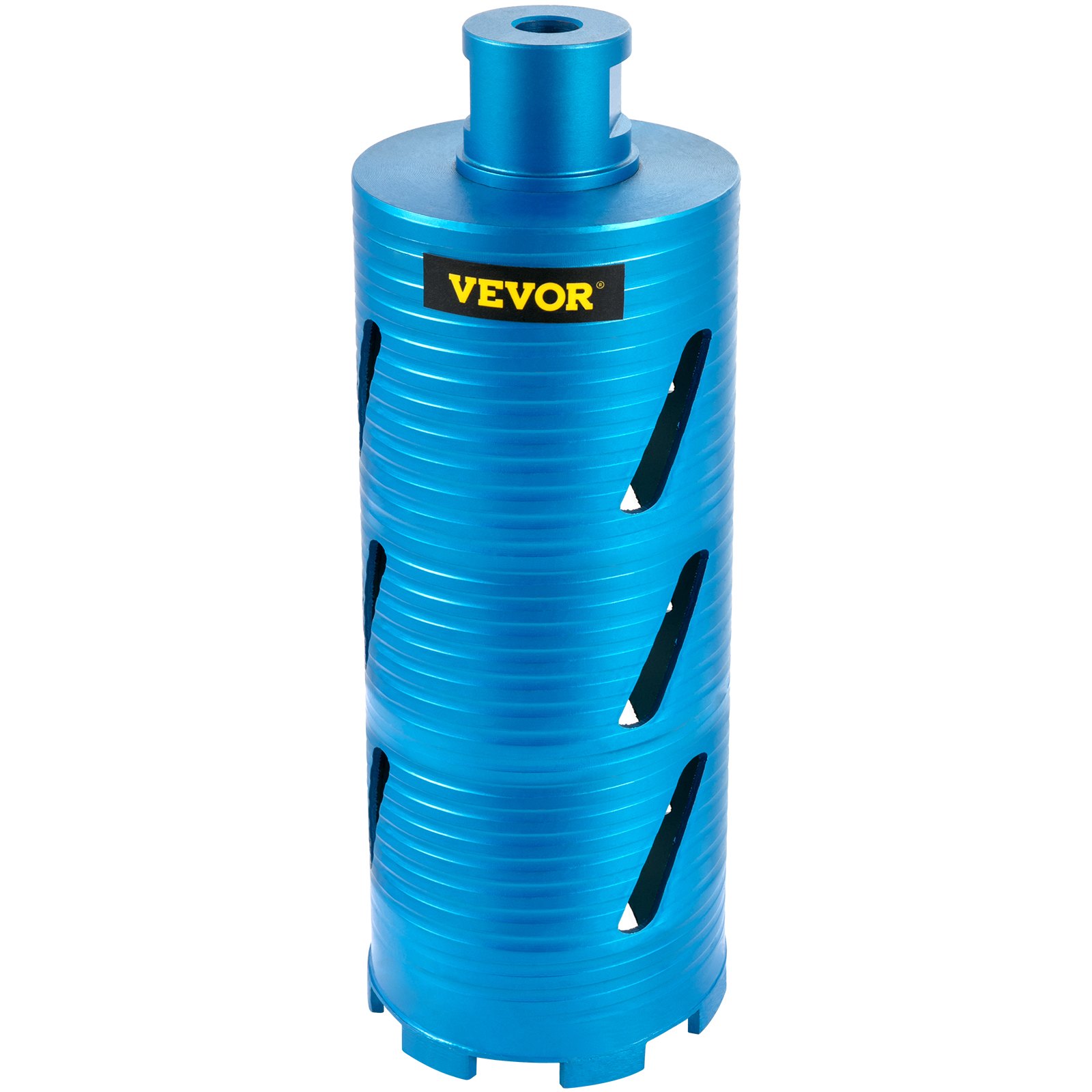 blue VEVOR diamond core drill bit with venting slots and segmented cutting edge.