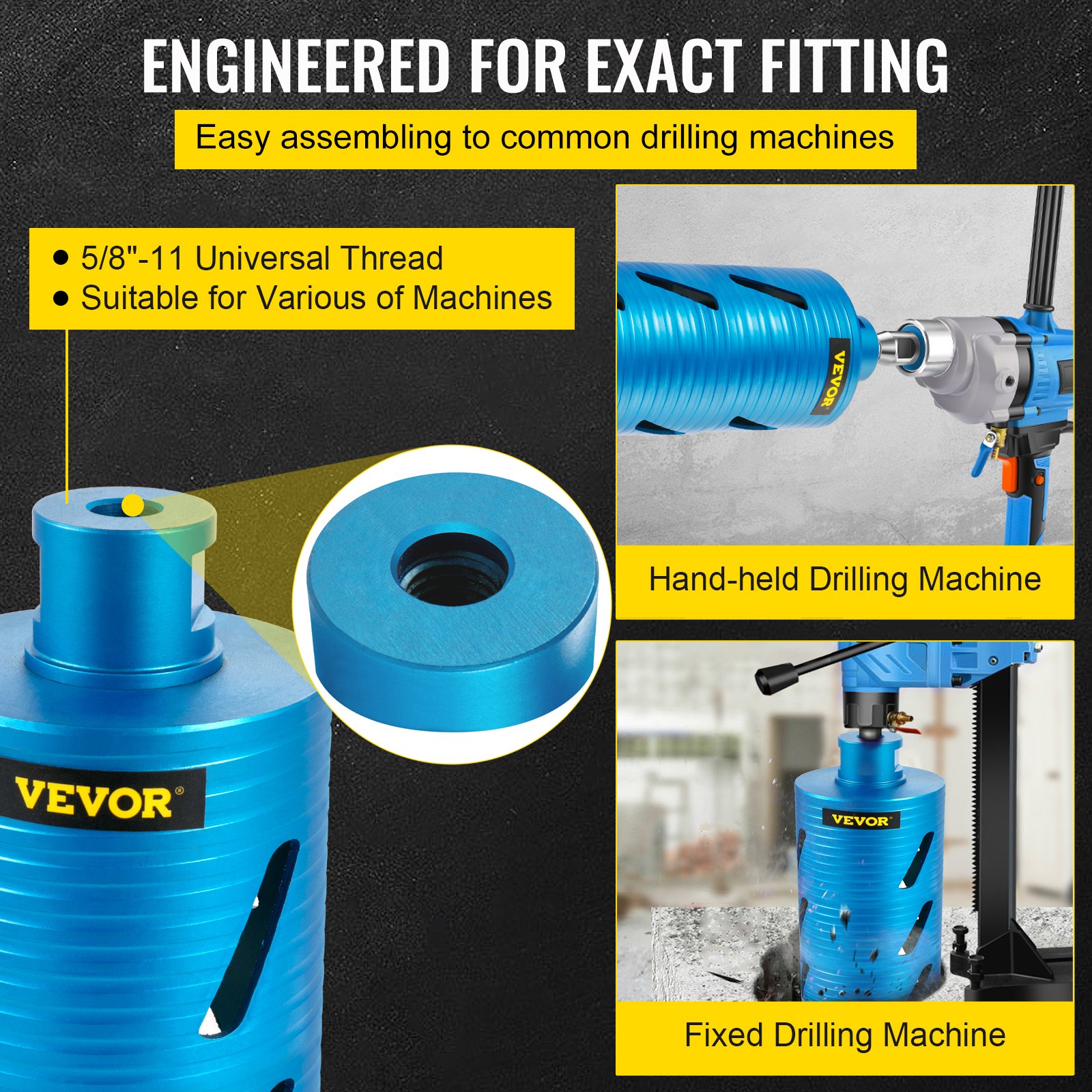 VEVOR Diamond Core Drill, 4\"/101mm Diameter Core Drill Bit, 9.5\"/241mm Concrete Core Drill Bit, 5/8\"-11 Thread Core Bit, Dry/Wet Drill Core Bits with a Blade, Diamond Wet Coring Bit For Concrete Br