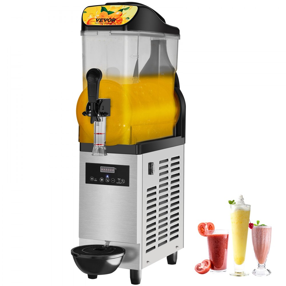 VEVOR slushy machine dispensing orange slush, with three colorful drinks displayed on the side.