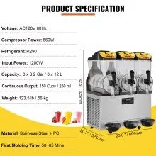 VEVOR Commercial Slushy Machine, 36L/9.6Gal Stainless Steel Margarita Smoothie Frozen Drink Maker, 150 Cup Triple Bowl Slushie Maker, 860W Slushie Machine for Home Party Restaurants Cafe Bars Use