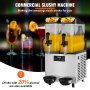 VEVOR commercial slushy machine with two dispensers and colorful drinks in the background.