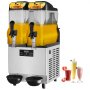 VEVOR commercial slushy machine with dual dispensers and various colorful slushy drinks.