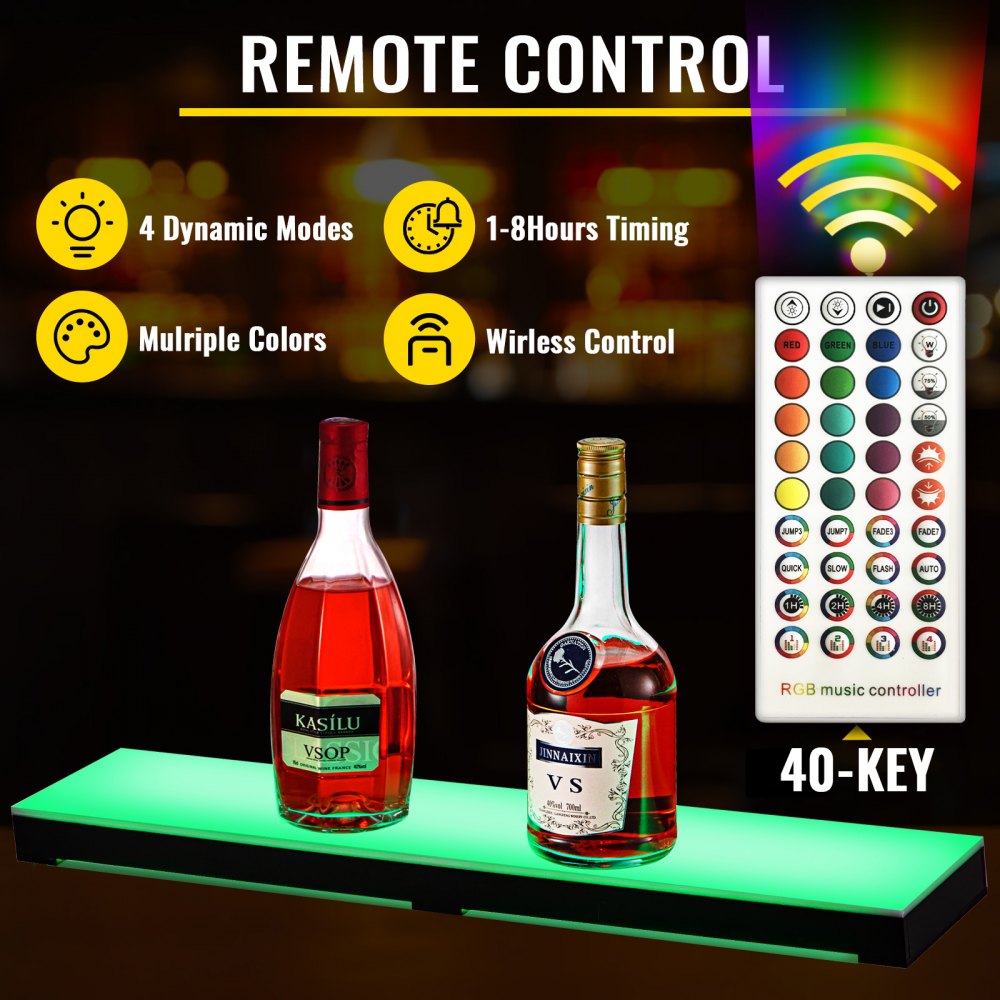 VEVOR LED Lighted Liquor Bottle Display Shelf, 24-inch LED Bar Shelves for Liquor, 1-Step Lighted Liquor Bottle Shelf for Home/Commercial Bar, Acrylic Lighted Bottle Display with Remote & App Control