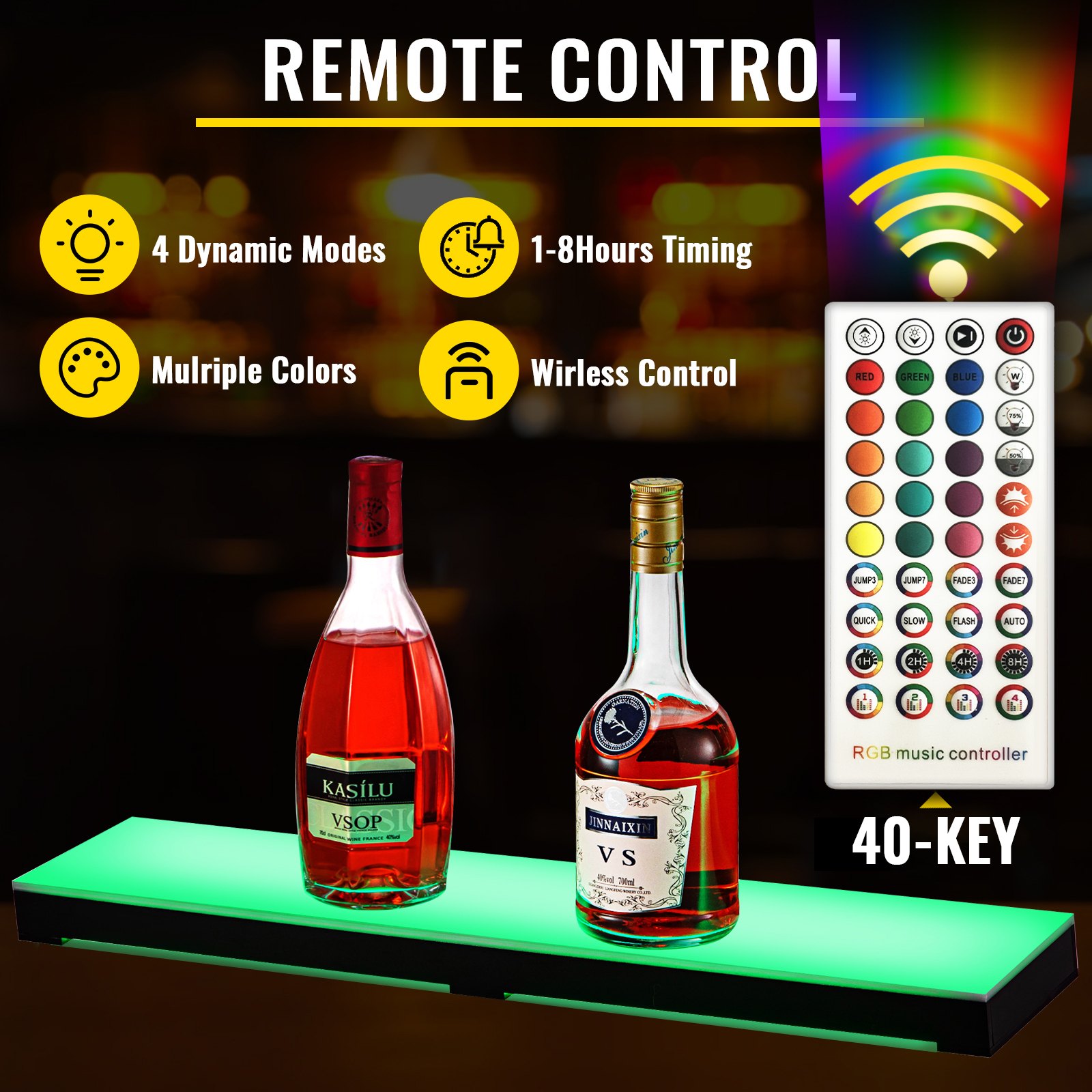 VEVOR LED Lighted Liquor Bottle Display Shelf, 24-inch LED Bar Shelves for Liquor, 1-Step Lighted Liquor Bottle Shelf for Home/Commercial Bar, Acrylic Lighted Bottle Display with Remote & App Control