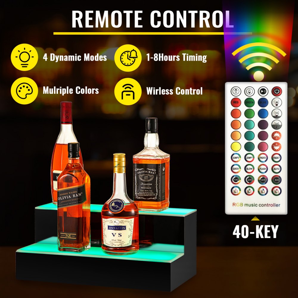 VEVOR LED Lighted Liquor Bottle Display Shelf, 20-inch LED Bar Shelves for Liquor, 2-Step Lighted Liquor Bottle Shelf for Home/Commercial Bar, Acrylic Lighted Bottle Display with Remote & App Control