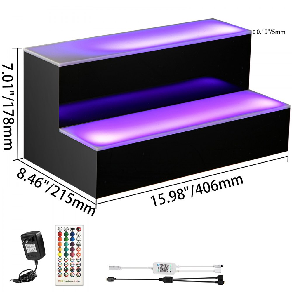 VEVOR LED Lighted Liquor Bottle Display Shelf, 20-inch LED Bar Shelves for Liquor, 2-Step Lighted Liquor Bottle Shelf for Home/Commercial Bar, Acrylic Lighted Bottle Display with Remote & App Control