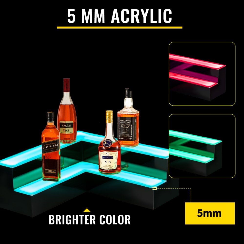 VEVOR Corner LED Liquor Bottle Display Shelf, 20-inch LED Bar Shelves for Liquor, 2-Step Lighted Liquor Bottle Shelf for Home/Commercial Bar, Acrylic Lighted Bottle Display with Remote & App Control