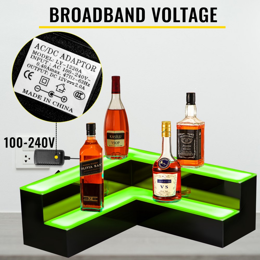 VEVOR Corner LED Liquor Bottle Display Shelf, 20-inch LED Bar Shelves for Liquor, 2-Step Lighted Liquor Bottle Shelf for Home/Commercial Bar, Acrylic Lighted Bottle Display with Remote & App Control