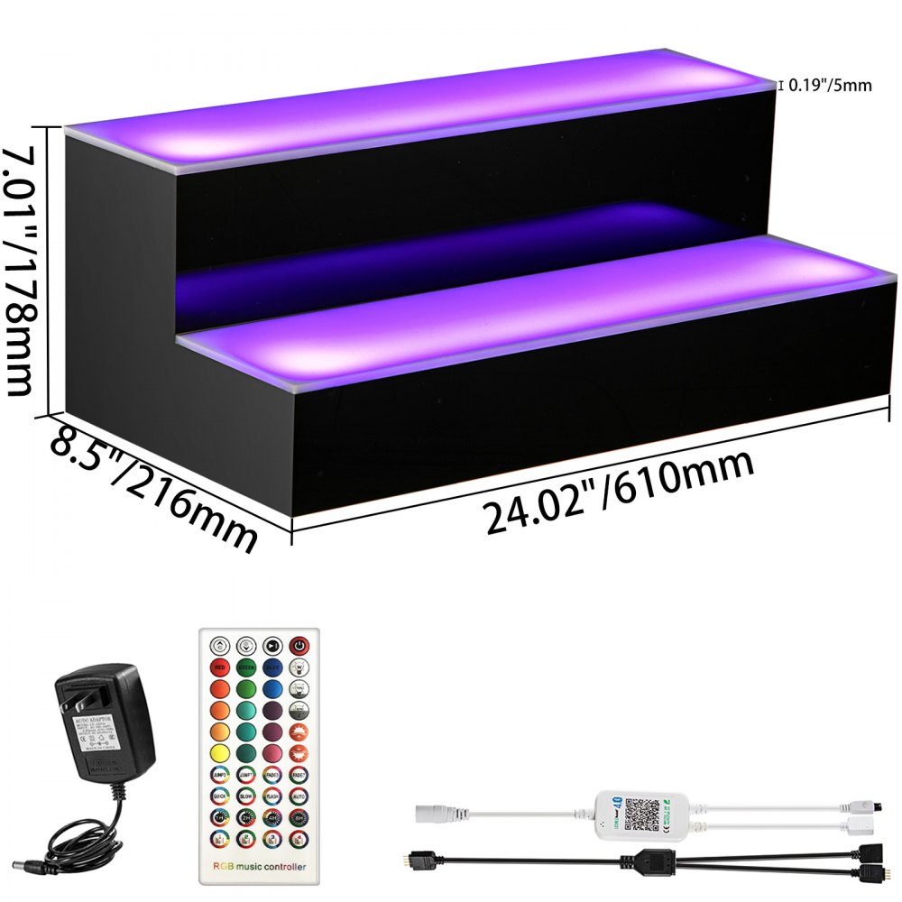 VEVOR LED Lighted Liquor Bottle Display Shelf, 24-inch LED Bar Shelves for Liquor, 2-Step Lighted Liquor Bottle Shelf for Home/Commercial Bar, Acrylic Lighted Bottle Display with Remote & App Control