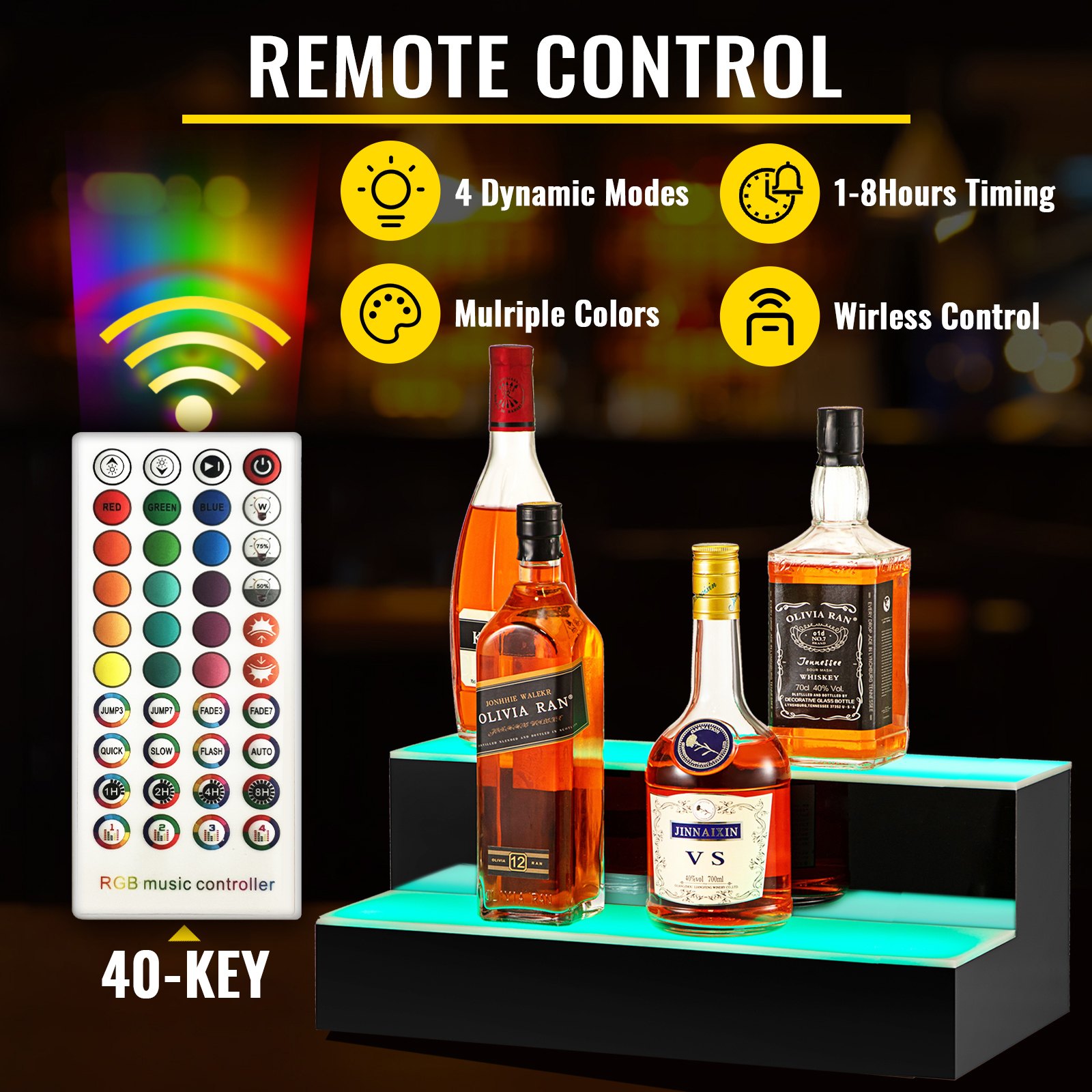 VEVOR LED Lighted Liquor Bottle Display Shelf, 24-inch LED Bar Shelves for Liquor, 2-Step Lighted Liquor Bottle Shelf for Home/Commercial Bar, Acrylic Lighted Bottle Display with Remote & App Control