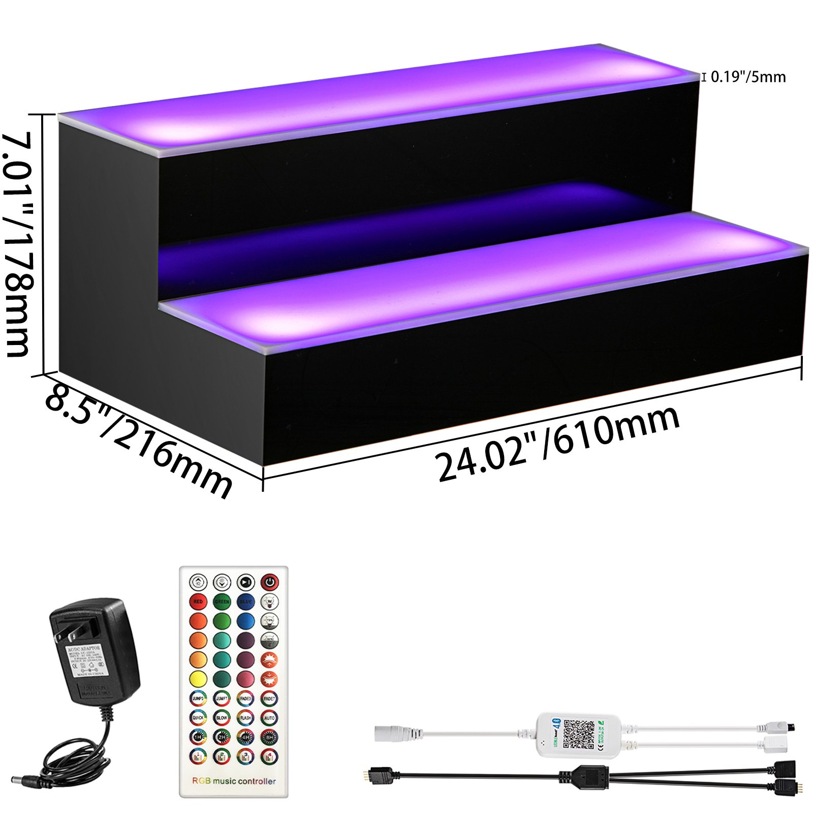 VEVOR LED Lighted Liquor Bottle Display Shelf, 24-inch LED Bar Shelves for Liquor, 2-Step Lighted Liquor Bottle Shelf for Home/Commercial Bar, Acrylic Lighted Bottle Display with Remote & App Control