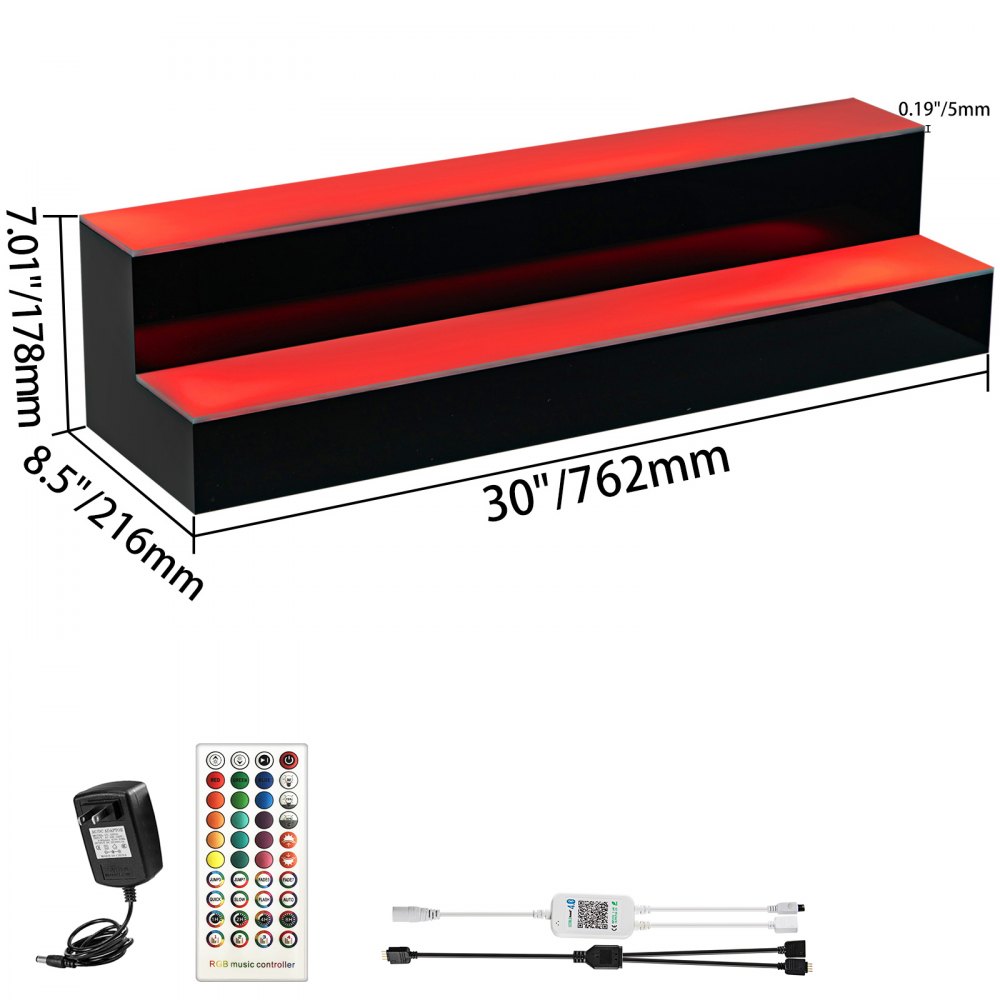 VEVOR LED Lighted Liquor Bottle Display Shelf, 30-inch LED Bar Shelves for Liquor, 2-Step Lighted Liquor Bottle Shelf for Home/Commercial Bar, Acrylic Lighted Bottle Display with Remote & App Control