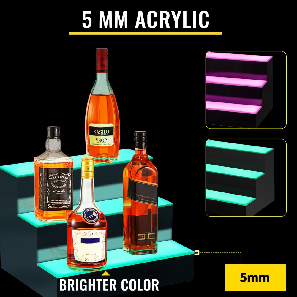 VEVOR LED Lighted Liquor Bottle Display Shelf, 16-inch LED Bar Shelves for Liquor, 3-Step Lighted Liquor Bottle Shelf for Home/Commercial Bar, Acrylic Lighted Bottle Display with Remote & App Control
