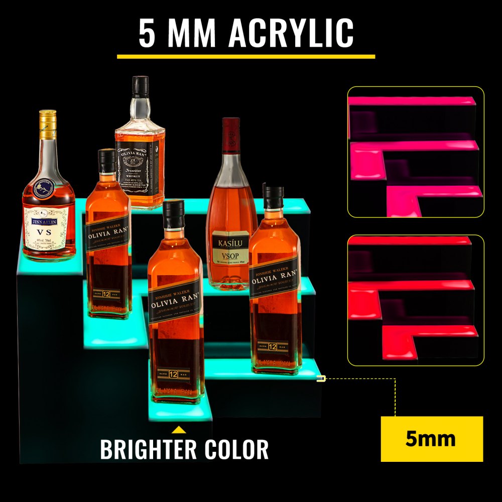 VEVOR Corner LED Liquor Bottle Display Shelf, 20-inch LED Bar Shelves for Liquor, 3-Step Lighted Liquor Bottle Shelf for Home/Commercial Bar, Acrylic Lighted Bottle Display with Remote & App Control