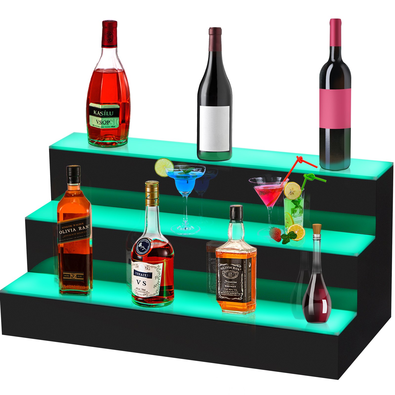 VEVOR LED Lighted Liquor Bottle Display Shelf, 24-inch LED Bar Shelves for Liquor, 3-Step Lighted Liquor Bottle Shelf for Home/Commercial Bar, Acrylic Lighted Bottle Display with Remote & App Control