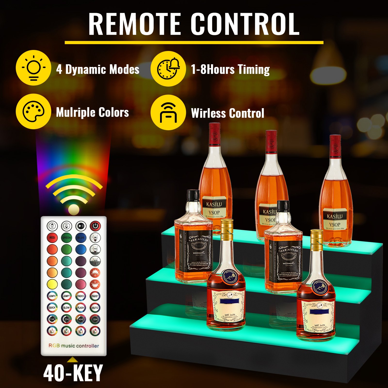 VEVOR LED Lighted Liquor Bottle Display Shelf, 24-inch LED Bar Shelves for Liquor, 3-Step Lighted Liquor Bottle Shelf for Home/Commercial Bar, Acrylic Lighted Bottle Display with Remote & App Control