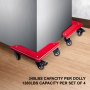 VEVOR Safe Dolly 3 Wheel (1 Locking & 2 Swivel), Corner Mover 1380 Lbs Load Capacity, Cabinet Movers Set of 4 with Fixed Rope, for Lifting and Moving Furniture, Pool Table, Low Profile Safe,Red