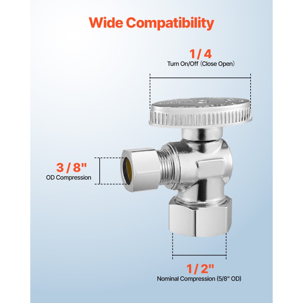 VEVOR 10-Pack Angle Stop Valve, 1/4 Turn Water Shut Off Valves, 1/2" Nominal (5/8" OD) Compression Inlet x 3/8" OD Compression Outlet Shutoff Valve for Bathroom Kitchen Toilet Shower Plumbing