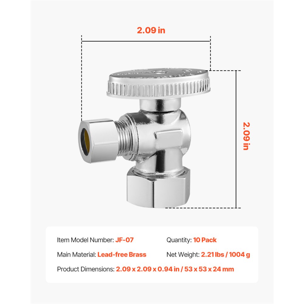 VEVOR 10-Pack Angle Stop Valve, 1/4 Turn Water Shut Off Valves, 1/2" Nominal (5/8" OD) Compression Inlet x 3/8" OD Compression Outlet Shutoff Valve for Bathroom Kitchen Toilet Shower Plumbing