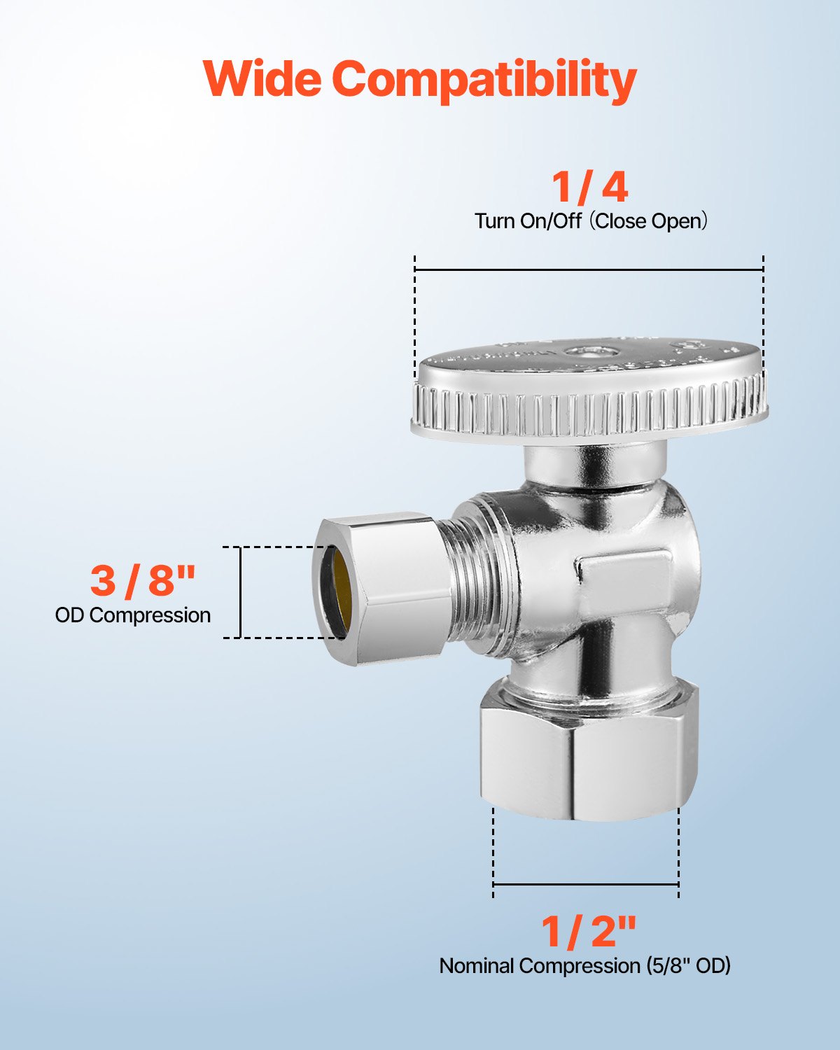 VEVOR 10-Pack Angle Stop Valve, 1/4 Turn Water Shut Off Valves, 1/2" Nominal (5/8" OD) Compression Inlet x 3/8" OD Compression Outlet Shutoff Valve for Bathroom Kitchen Toilet Shower Plumbing