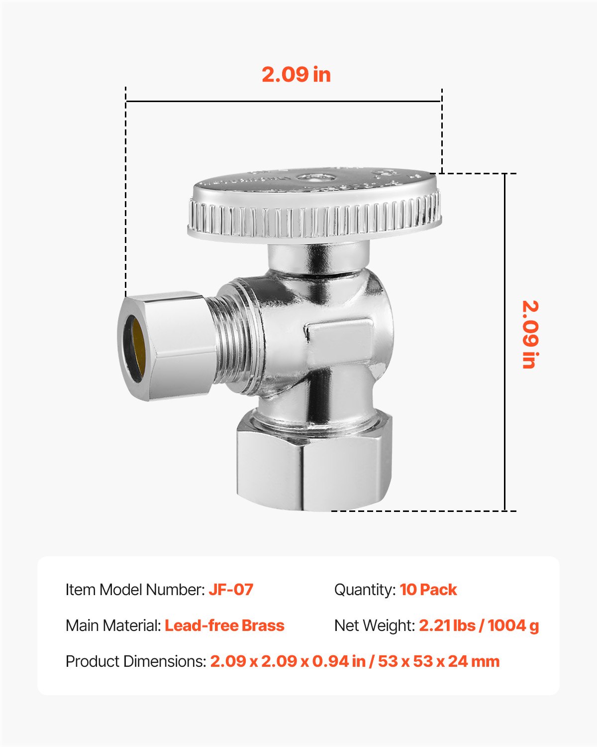 VEVOR 10-Pack Angle Stop Valve, 1/4 Turn Water Shut Off Valves, 1/2" Nominal (5/8" OD) Compression Inlet x 3/8" OD Compression Outlet Shutoff Valve for Bathroom Kitchen Toilet Shower Plumbing