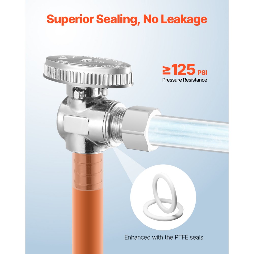 VEVOR 10 Pack Angle Stop Valve, Water Shut Off Valve 1/2" PEX x 3/8" OD Compression, 1/4 Turn Chrome Plated Brass Shutoff Valves for Bathroom Kitchen Toilet Shower Plumbing