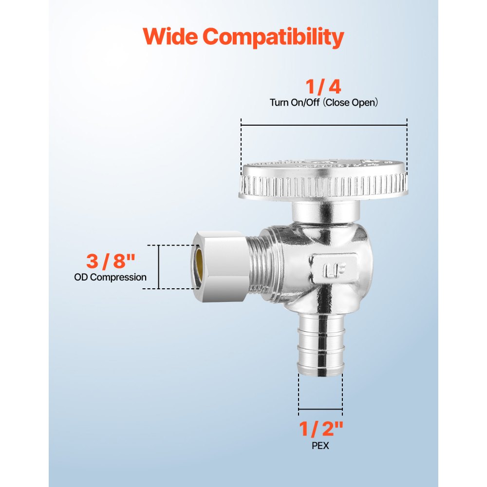 VEVOR 10 Pack Angle Stop Valve, Water Shut Off Valve 1/2" PEX x 3/8" OD Compression, 1/4 Turn Chrome Plated Brass Shutoff Valves for Bathroom Kitchen Toilet Shower Plumbing