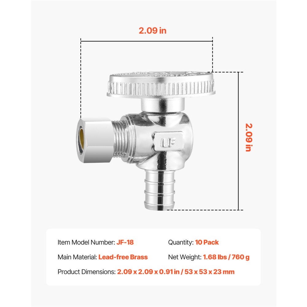 VEVOR 10 Pack Angle Stop Valve, Water Shut Off Valve 1/2" PEX x 3/8" OD Compression, 1/4 Turn Chrome Plated Brass Shutoff Valves for Bathroom Kitchen Toilet Shower Plumbing