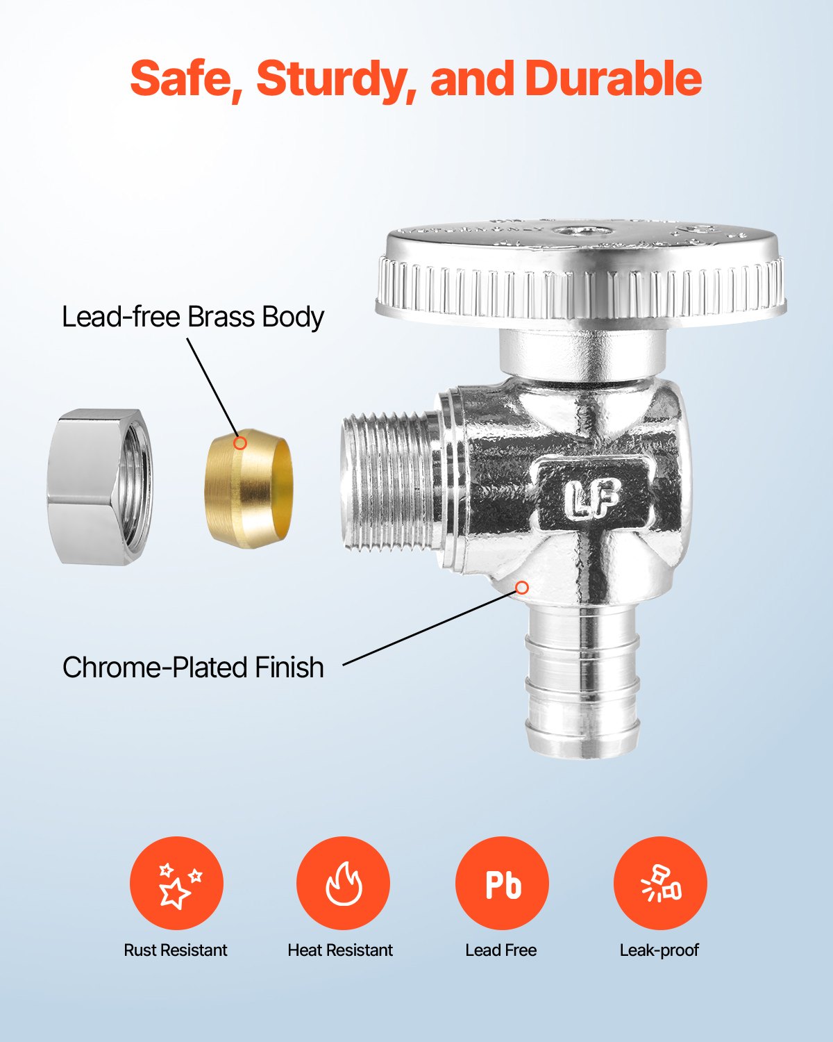 VEVOR 10 Pack Angle Stop Valve, Water Shut Off Valve 1/2" PEX x 3/8" OD Compression, 1/4 Turn Chrome Plated Brass Shutoff Valves for Bathroom Kitchen Toilet Shower Plumbing