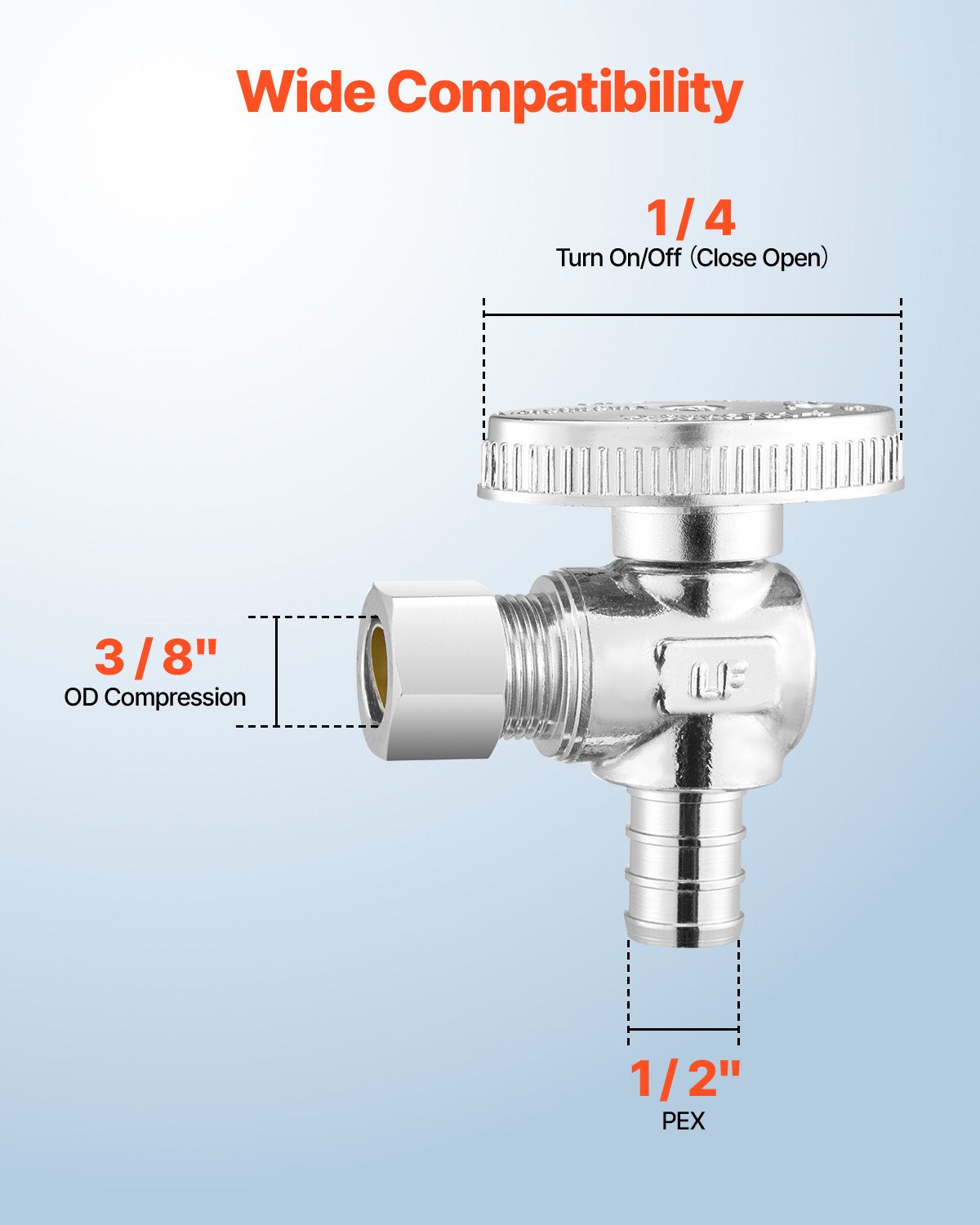 VEVOR 10 Pack Angle Stop Valve, Water Shut Off Valve 1/2" PEX x 3/8" OD Compression, 1/4 Turn Chrome Plated Brass Shutoff Valves for Bathroom Kitchen Toilet Shower Plumbing