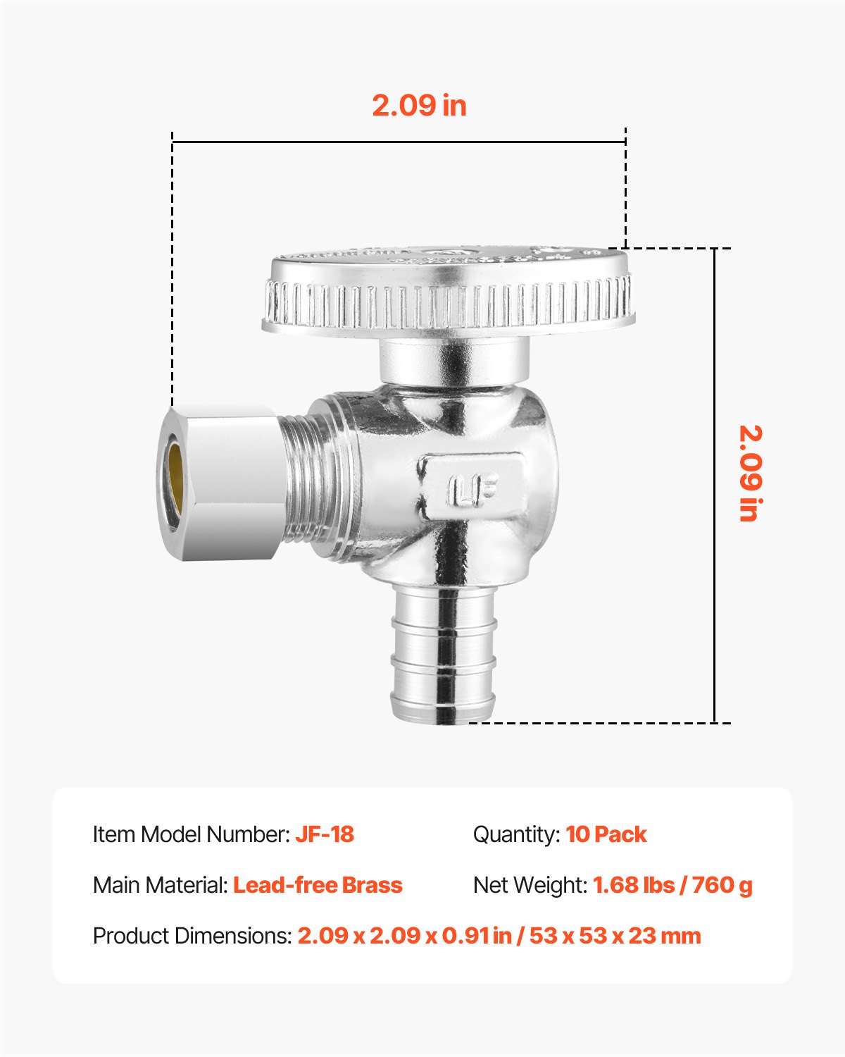 VEVOR 10 Pack Angle Stop Valve, Water Shut Off Valve 1/2" PEX x 3/8" OD Compression, 1/4 Turn Chrome Plated Brass Shutoff Valves for Bathroom Kitchen Toilet Shower Plumbing